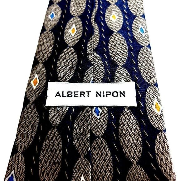 Albert Nipon Blue Beige Tan Geometric Jacquard Print Short Wide Silk Tie - Picture 3 of 7
